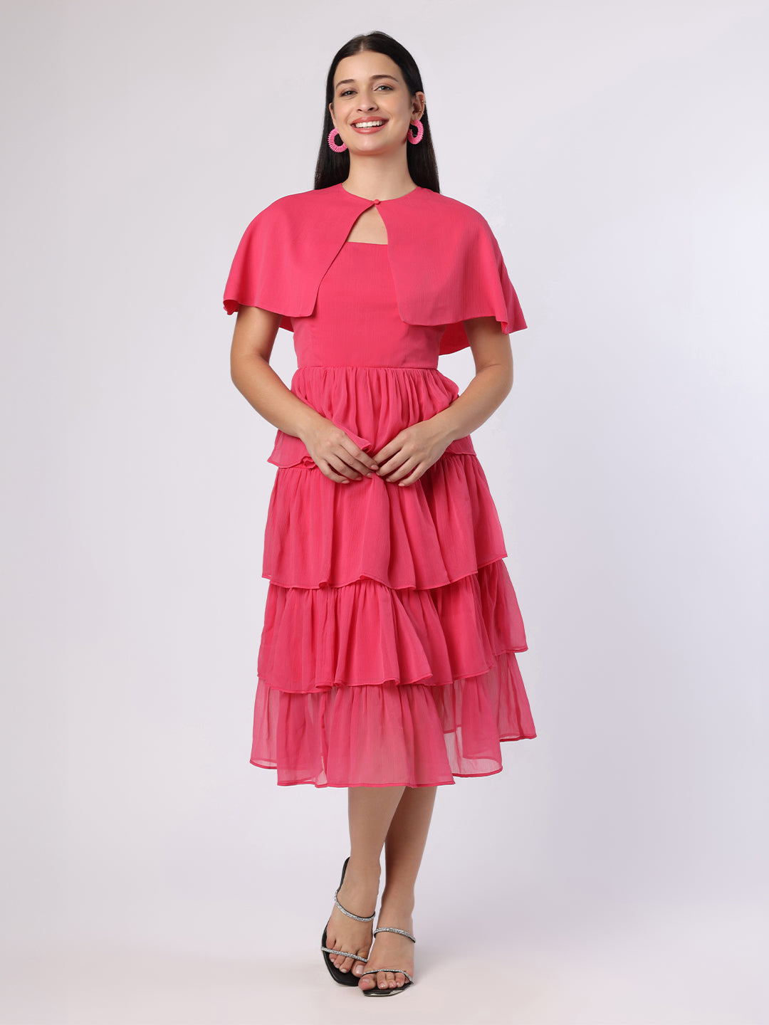 Fuchsia Pink Tiered Dress With Cape