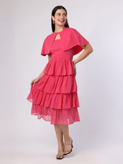 Fuchsia Pink Tiered Dress With Cape