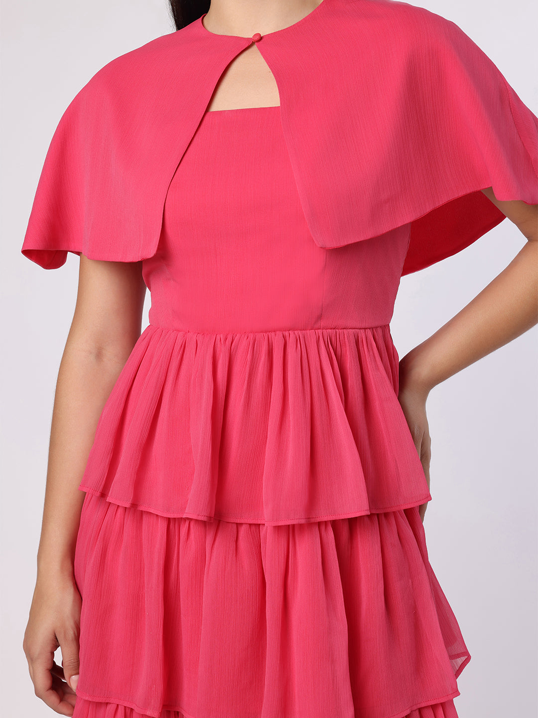 Fuchsia Pink Tiered Dress With Cape