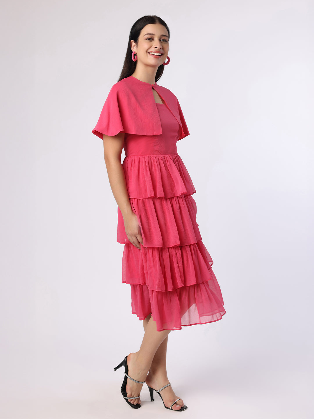 Fuchsia Pink Tiered Dress With Cape