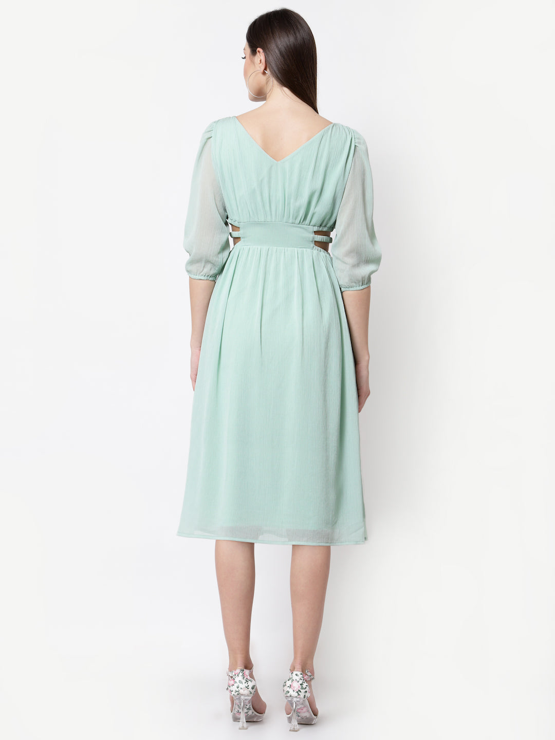 Green Chiffon Cutout Flared Dress