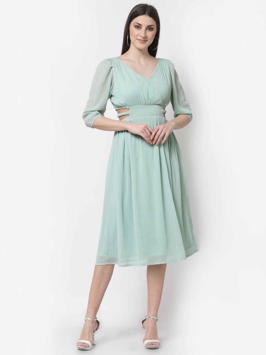 Green Chiffon Cutout Flared Dress
