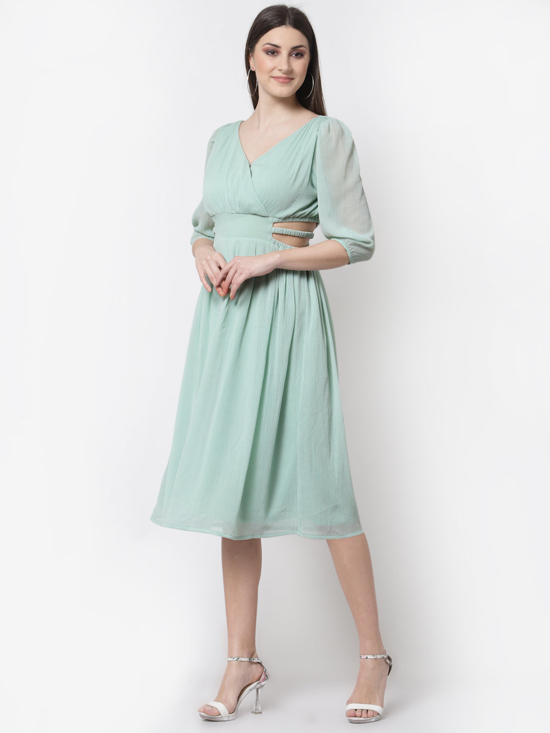 Green Chiffon Cutout Flared Dress