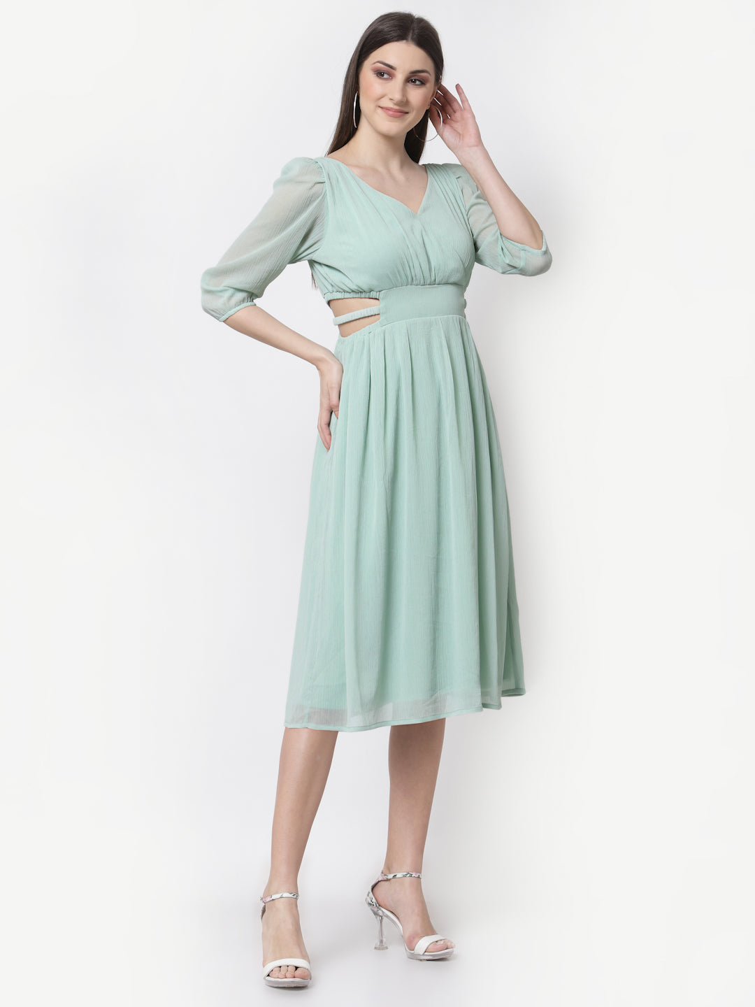 Green Chiffon Cutout Flared Dress