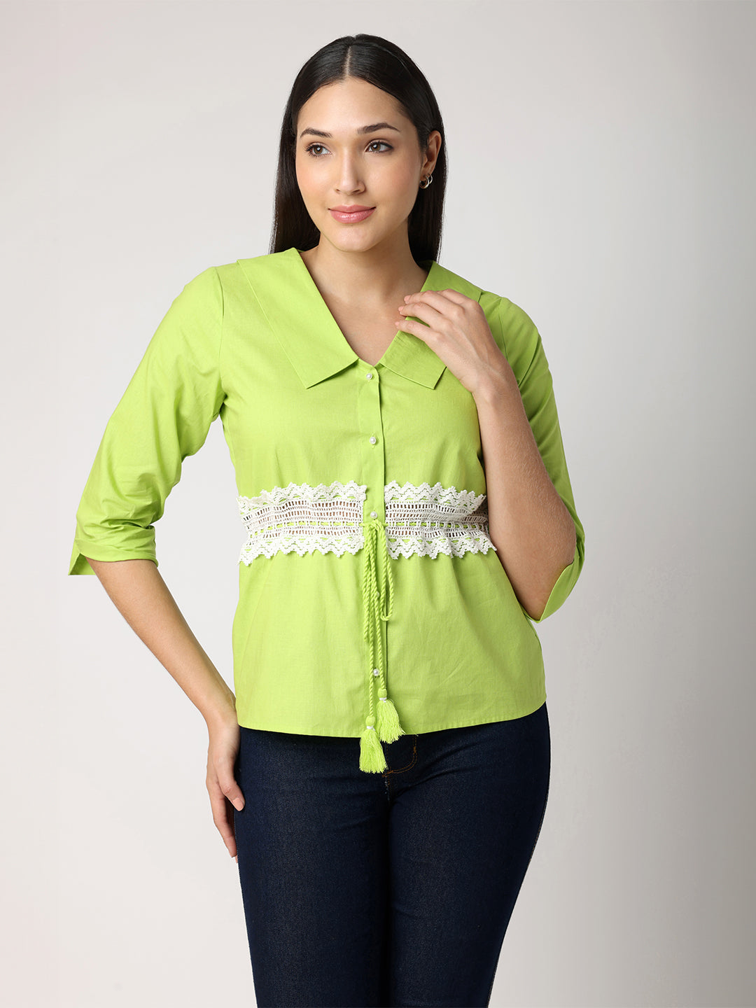 Green Collar Top With Lace at Waist