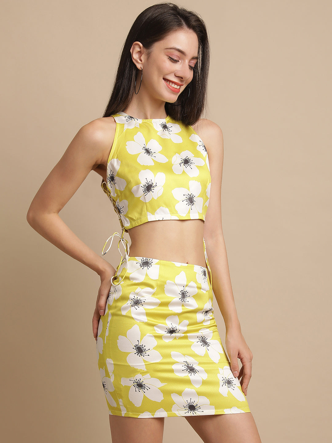 Green Floral Top With Short Skirt
