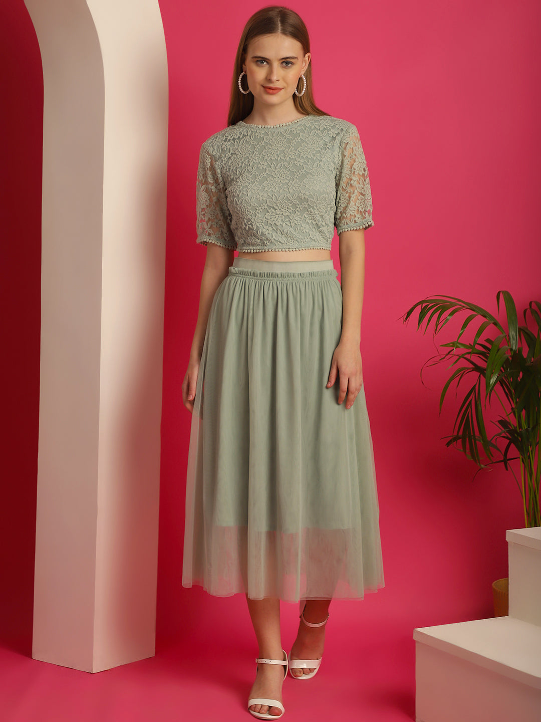 Green Lacy Top with Mesh Skirt Co-ord Set
