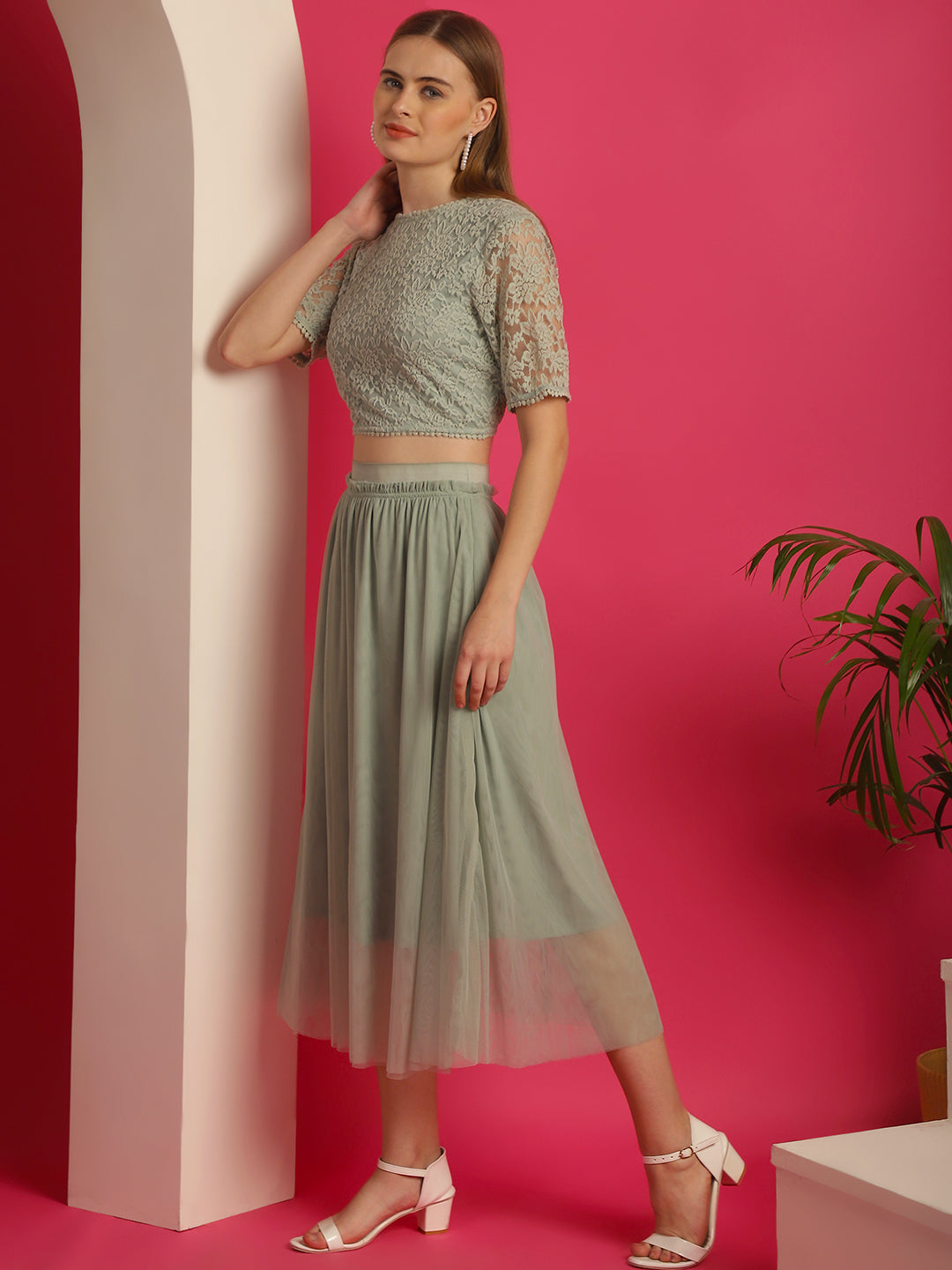 Green Lacy Top with Mesh Skirt Co-ord Set