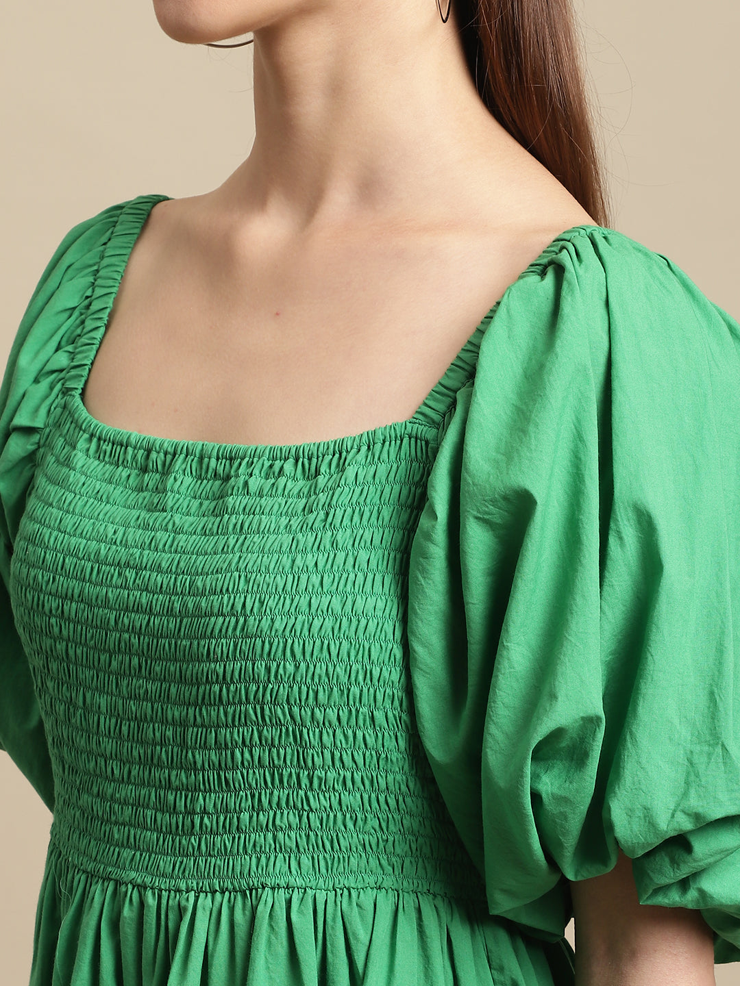 Green Melon Sleeve Cotton Flared Dress