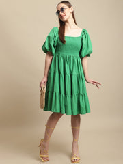 Green Melon Sleeve Cotton Flared Dress
