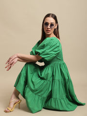 Green Melon Sleeve Cotton Flared Dress