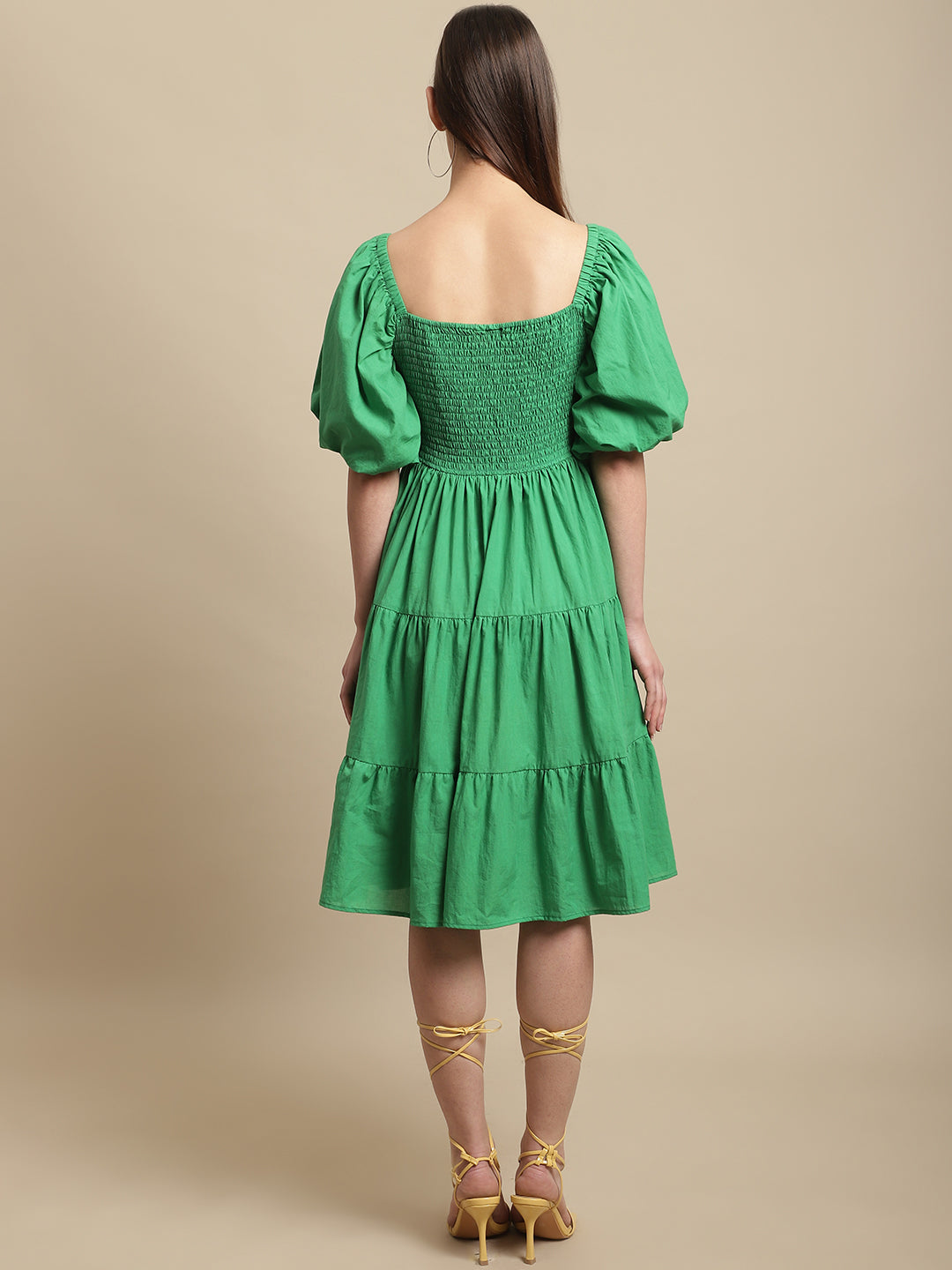 Green Melon Sleeve Cotton Flared Dress