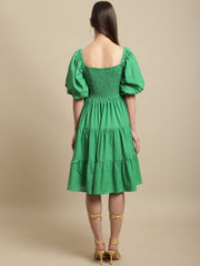 Green Melon Sleeve Cotton Flared Dress