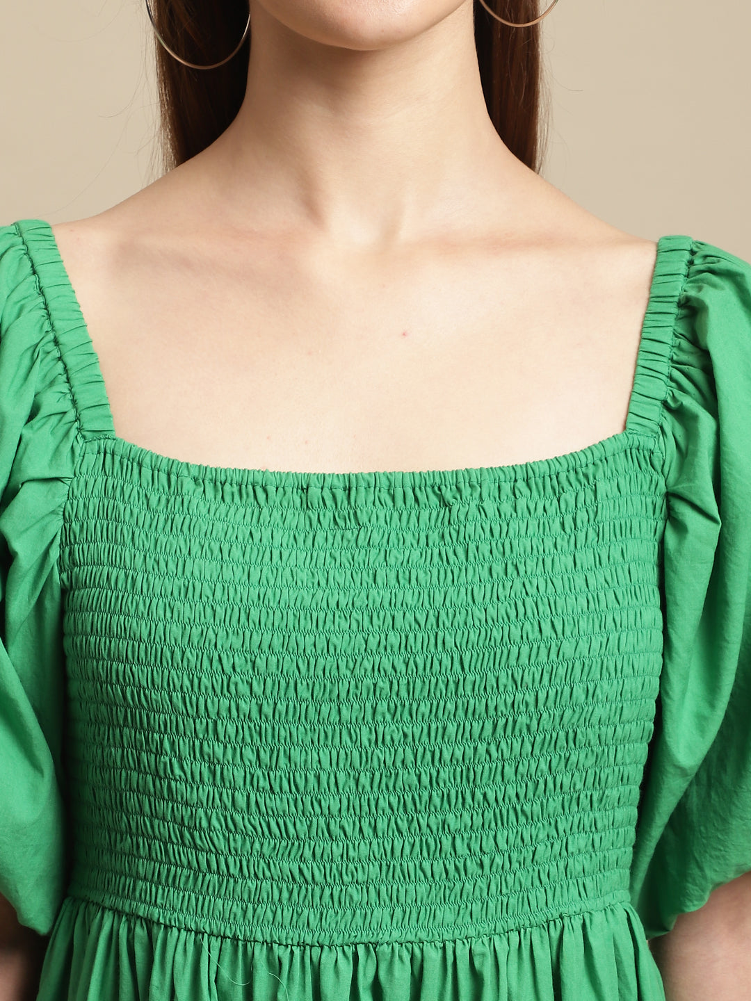 Green Melon Sleeve Cotton Flared Dress