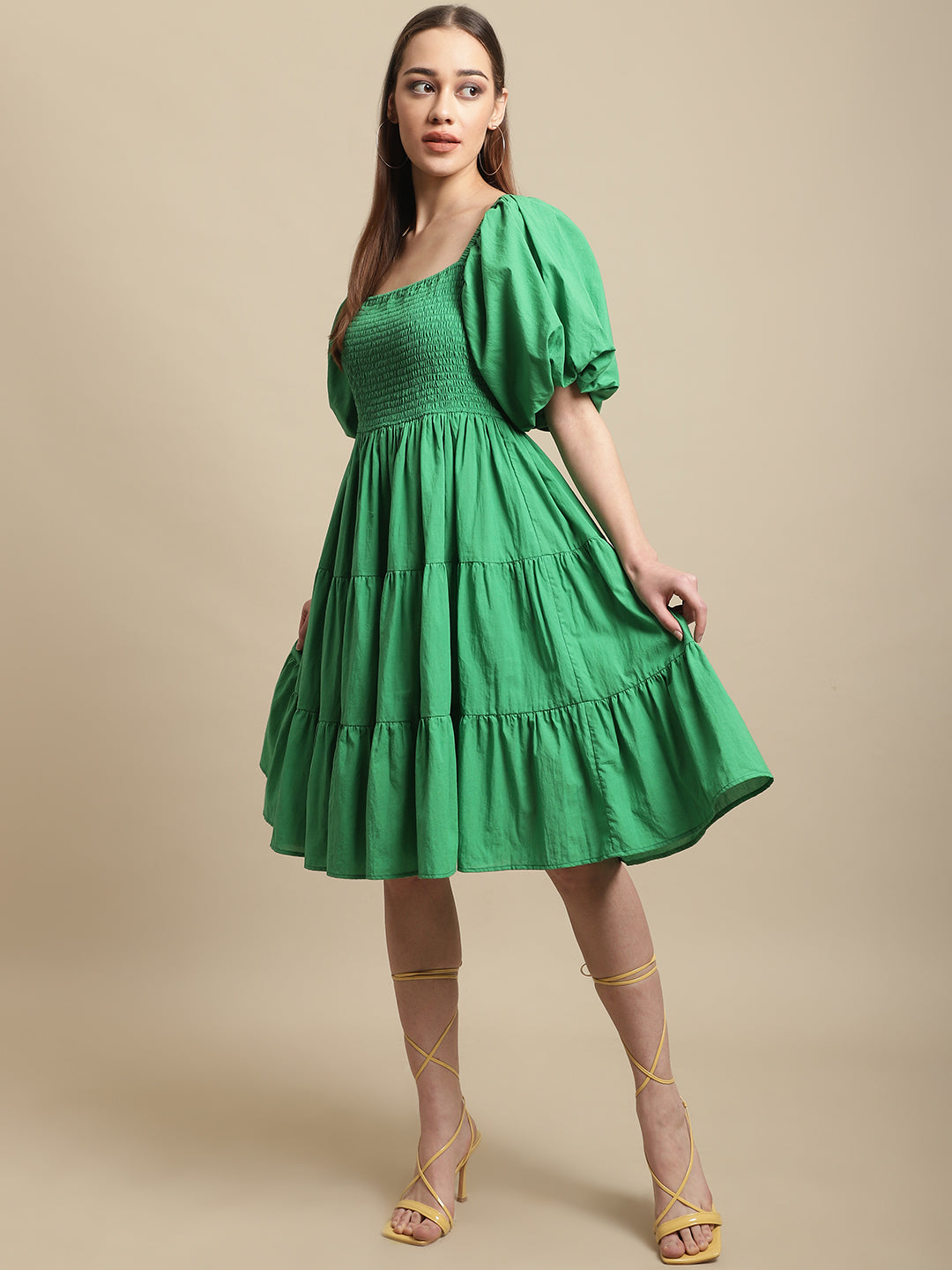 Green Melon Sleeve Cotton Flared Dress