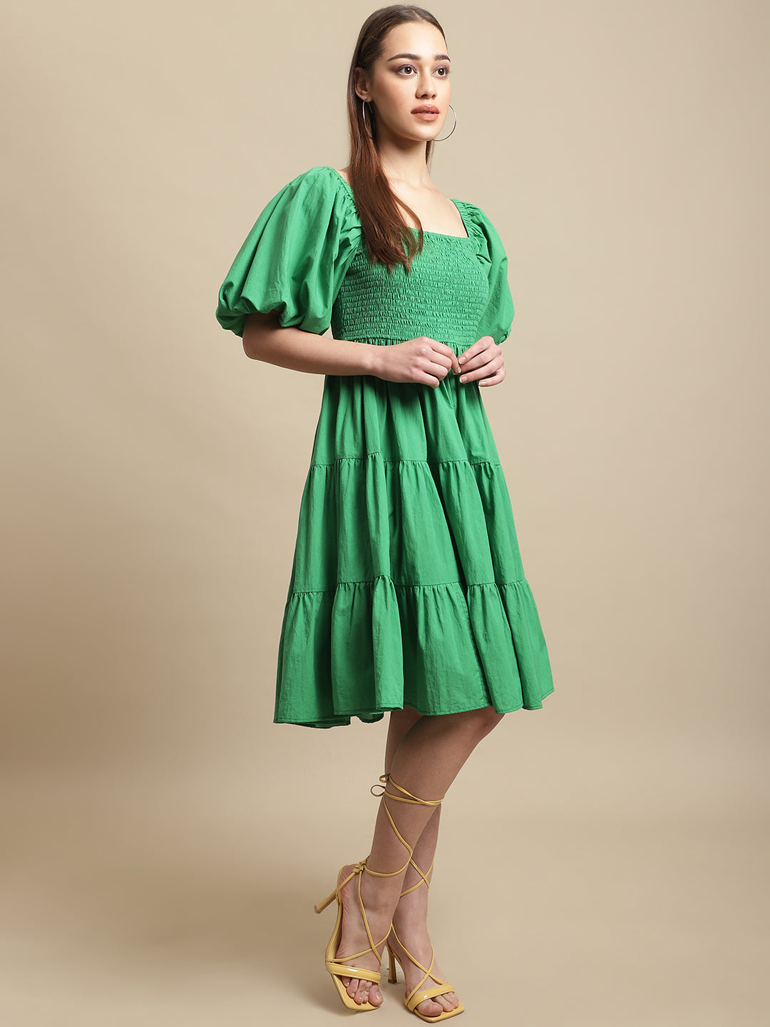 Green Melon Sleeve Cotton Flared Dress