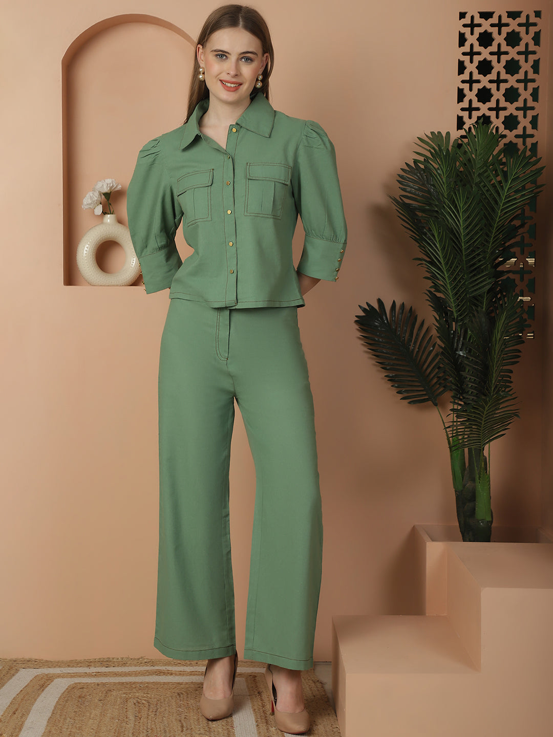 Green Shirt With Trouser Set