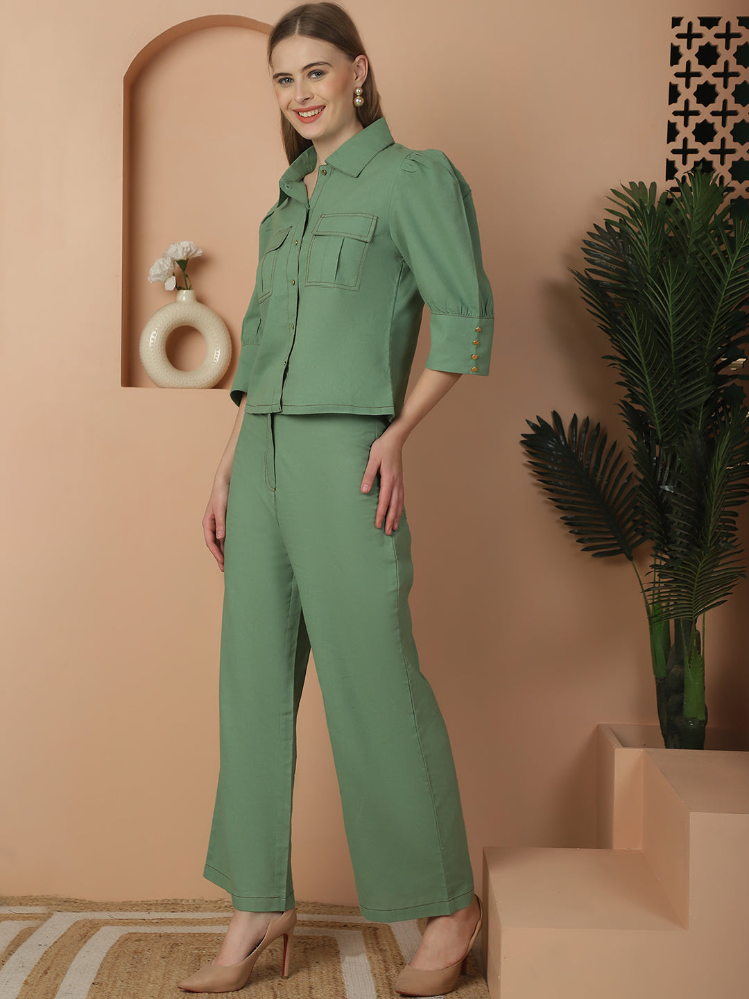 Green Shirt With Trouser Set