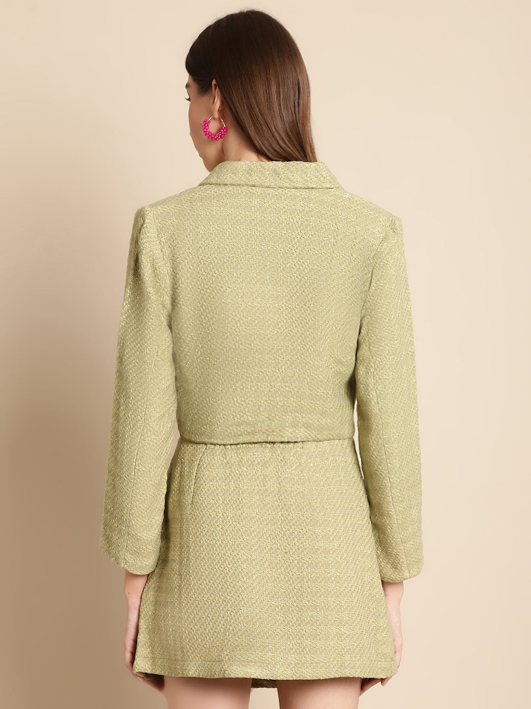 Green Short Blazer With Skirt Co-Ord Set