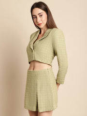 Green Short Blazer With Skirt Co-Ord Set