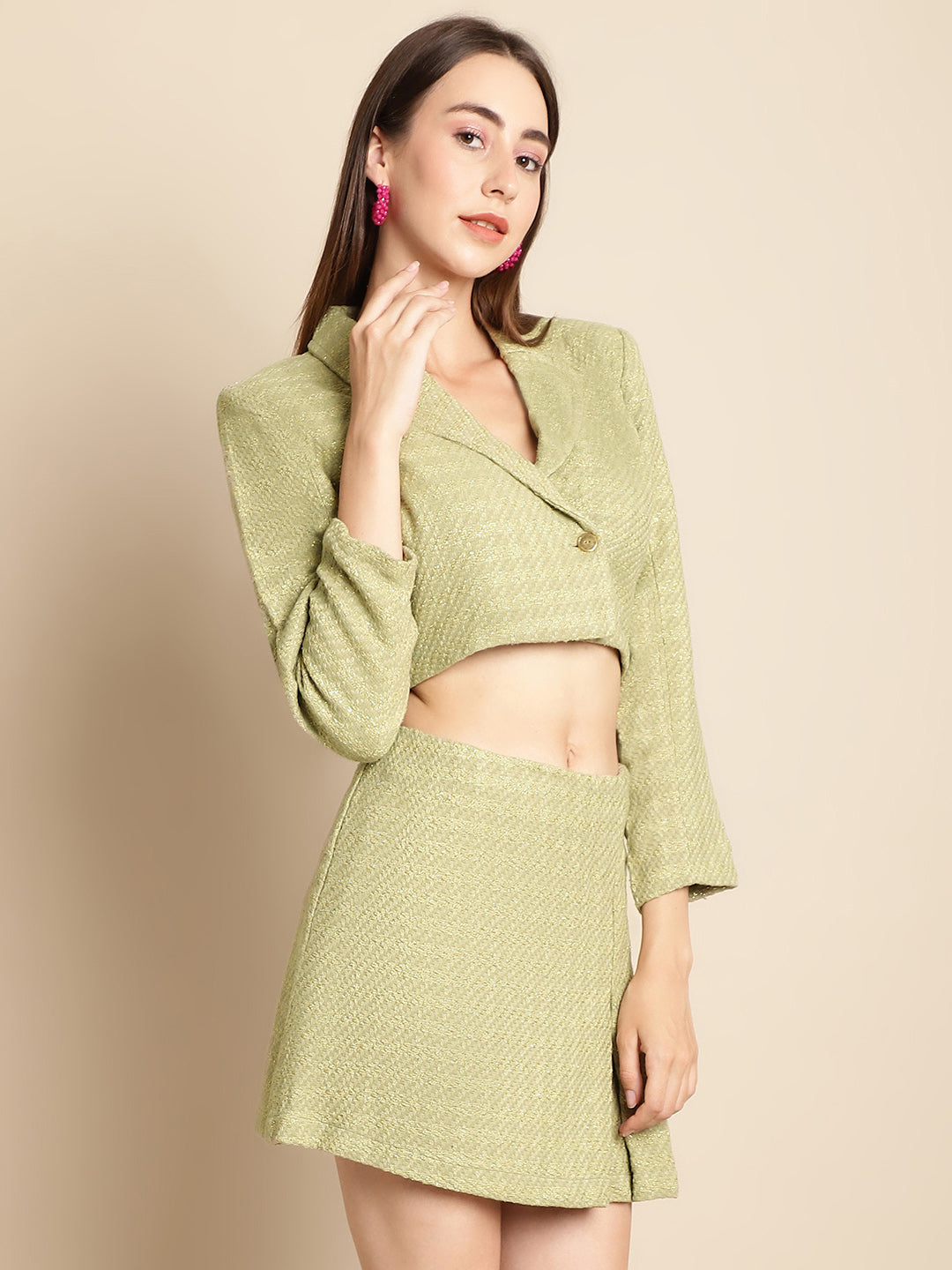Green Short Blazer With Skirt Co-Ord Set
