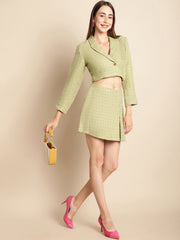 Green Short Blazer With Skirt Co-Ord Set
