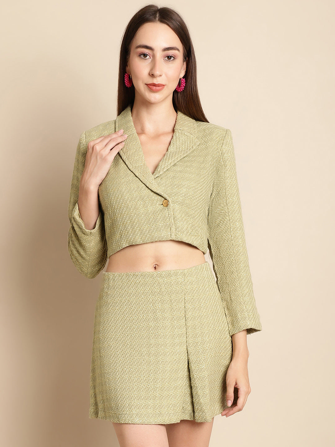 Green Short Blazer With Skirt Co-Ord Set