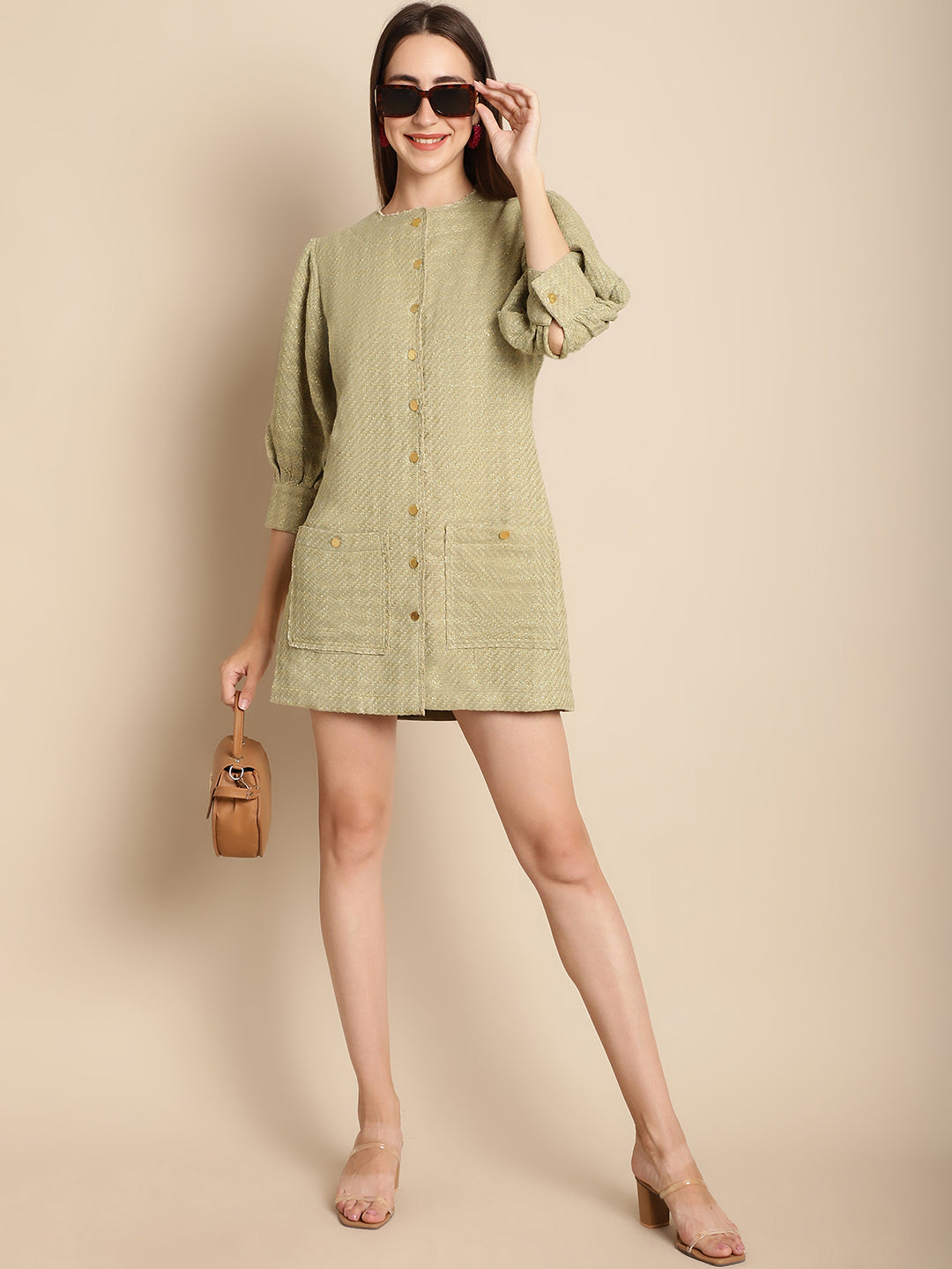 Green Tweed Puffed Sleeve Dress