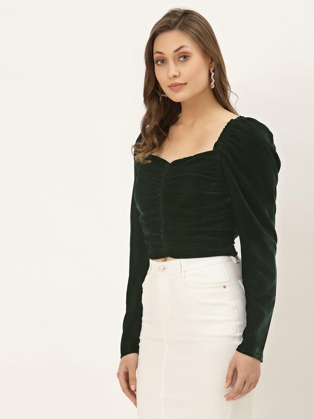 Green Velvet Puffed Sleeve Top