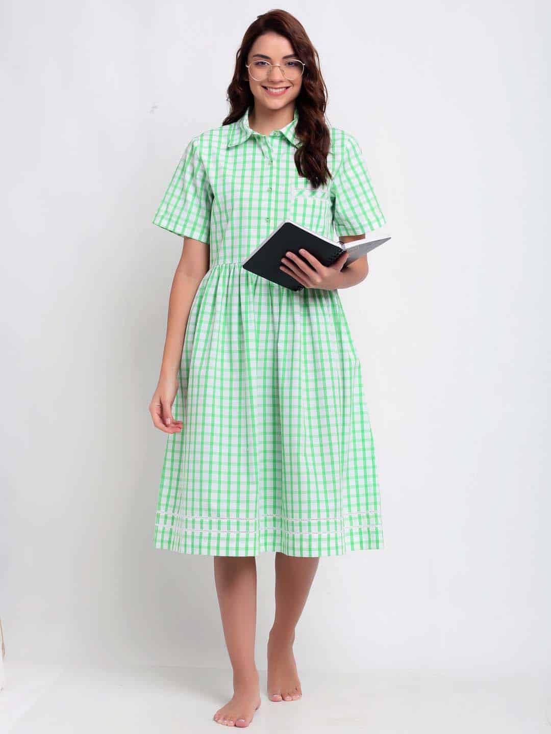 Green and White Checks Night Dress