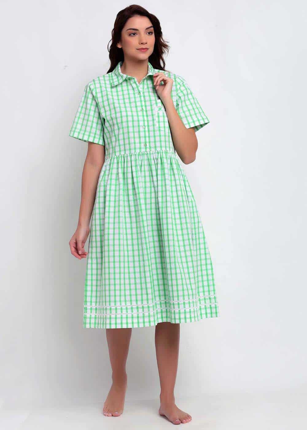 Green and White Checks Night Dress