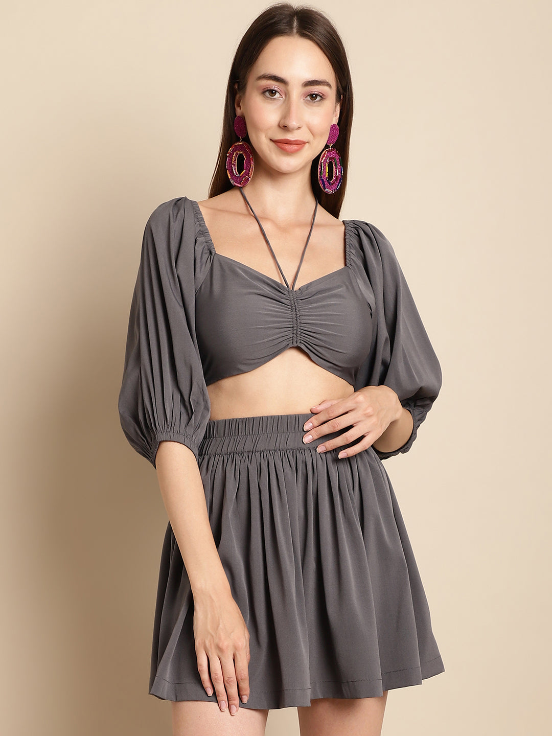 Grey Mini Skirt With Top Co-Ord Set