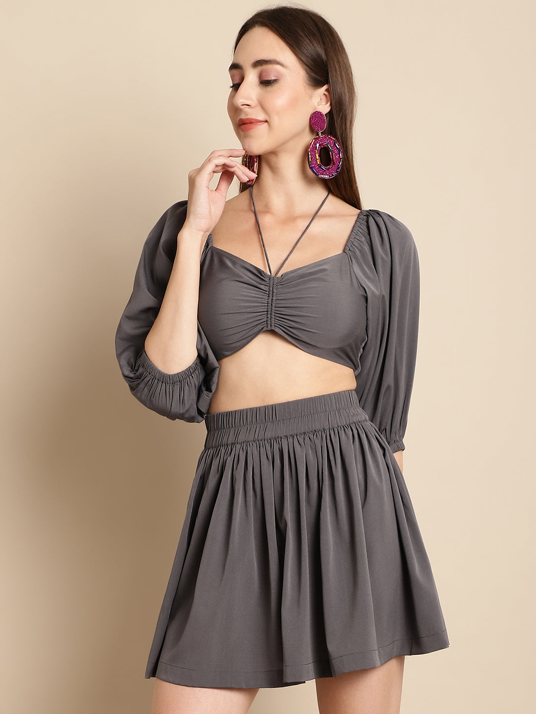 Grey Mini Skirt With Top Co-Ord Set