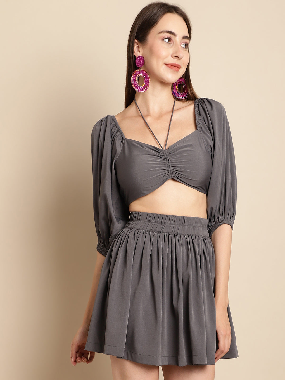 Grey Mini Skirt With Top Co-Ord Set