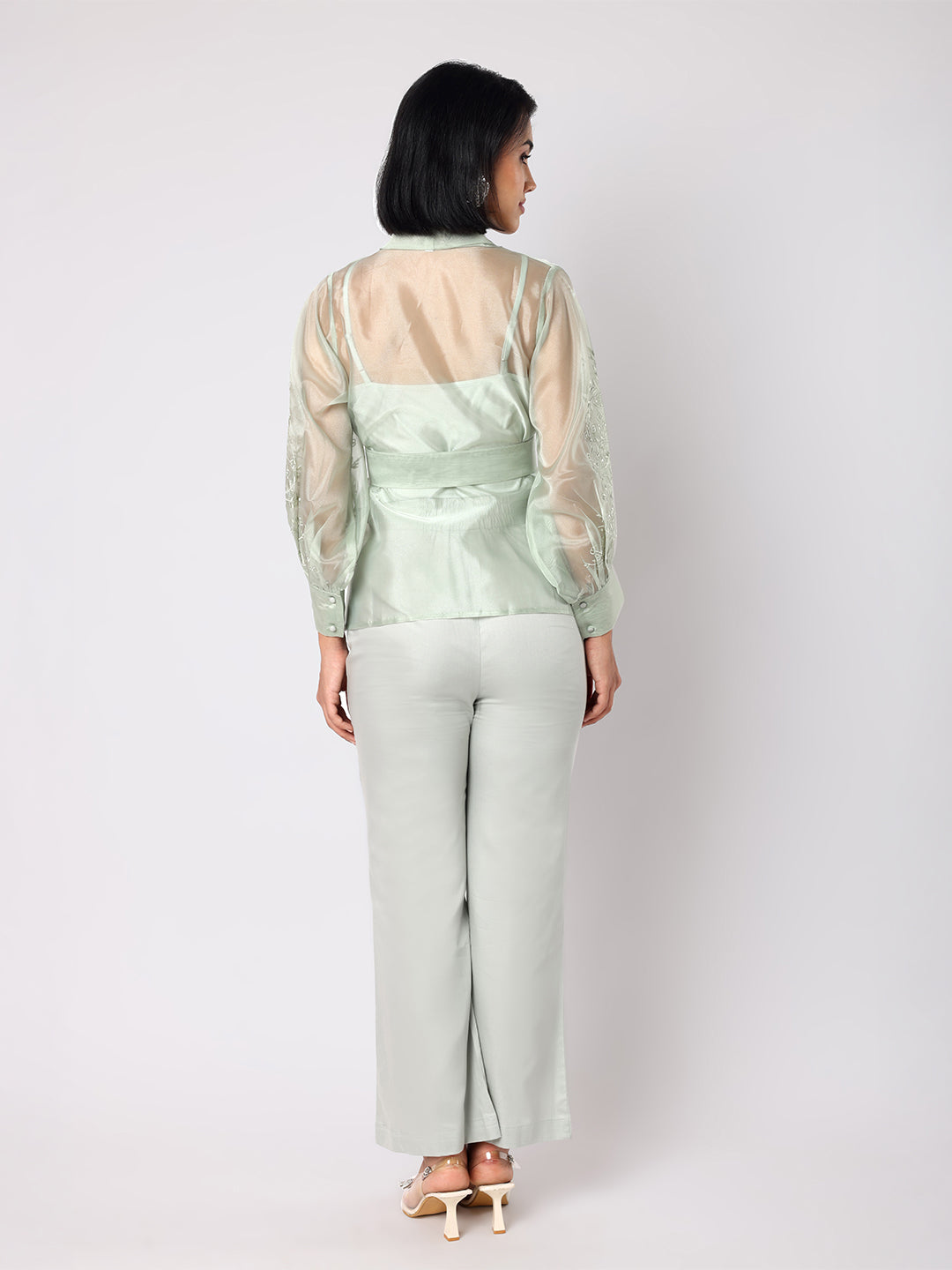 Greyish Green Organza Shaket Co-ord Set