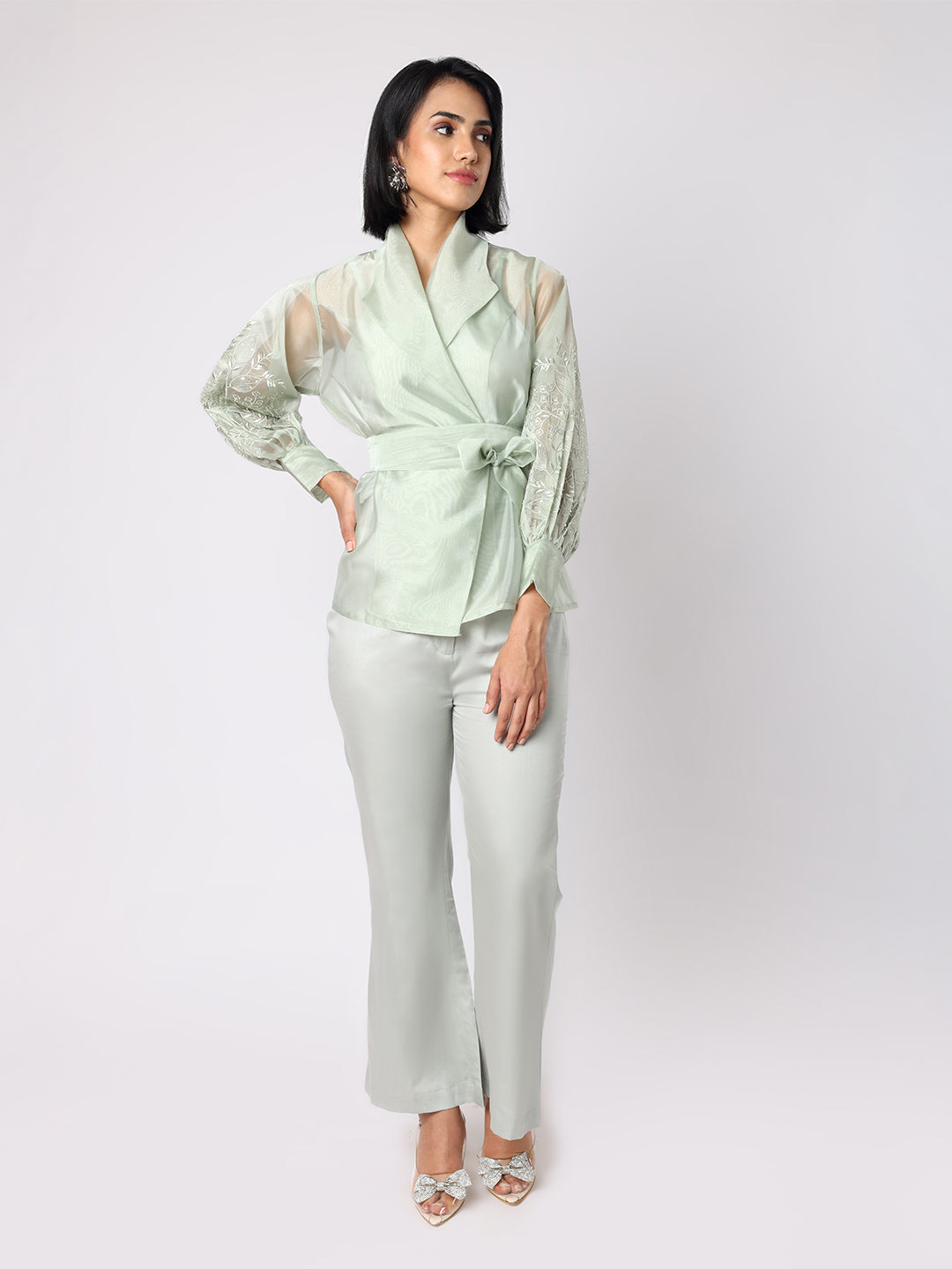 Greyish Green Organza Shaket Co-ord Set