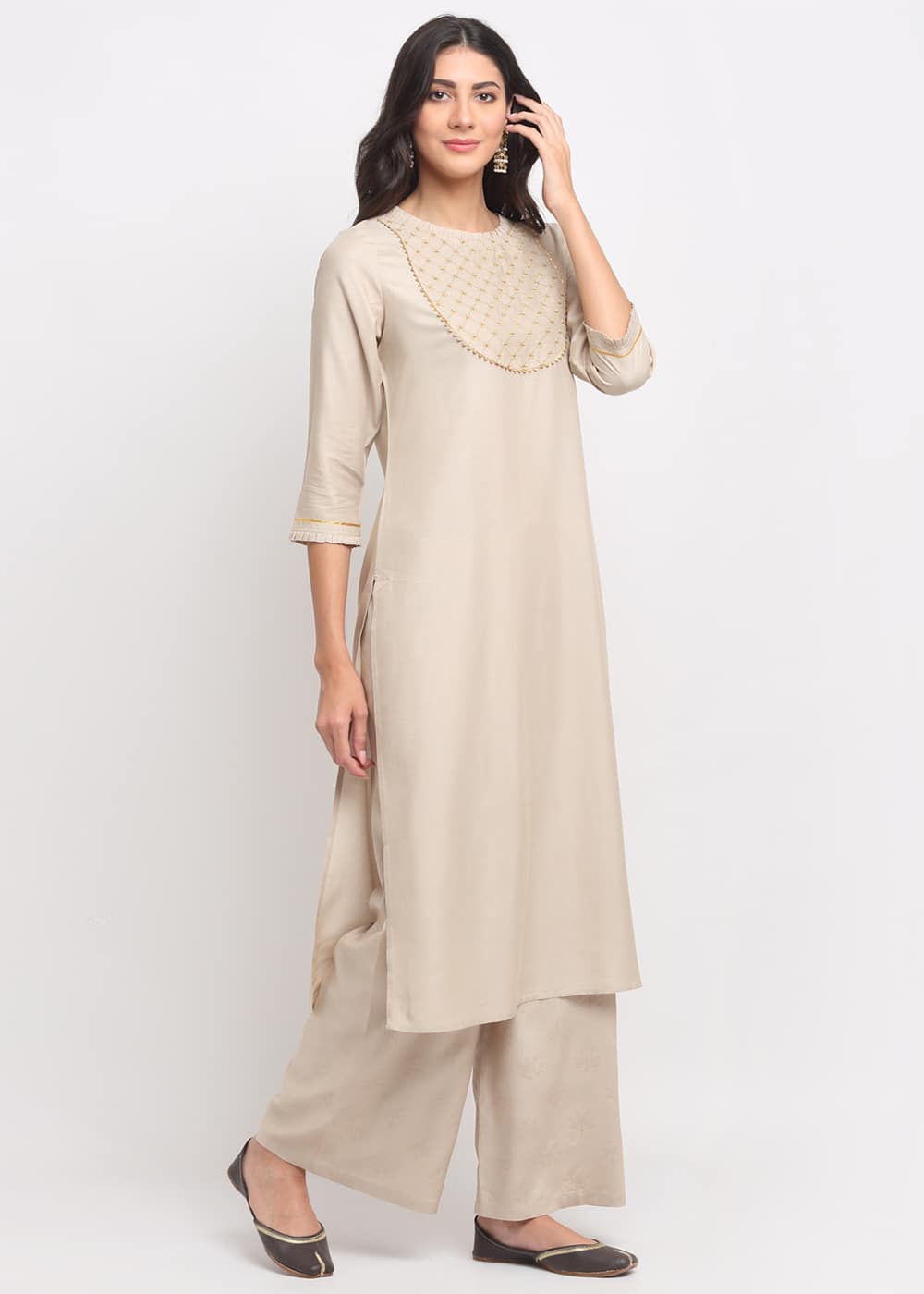Grid Embroidered Yoke Kurti