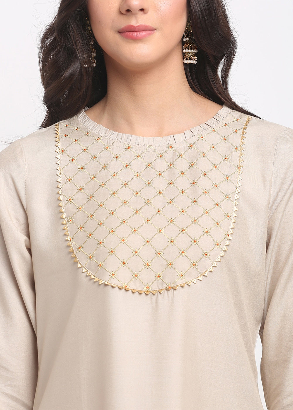 Grid Embroidered Yoke Kurti