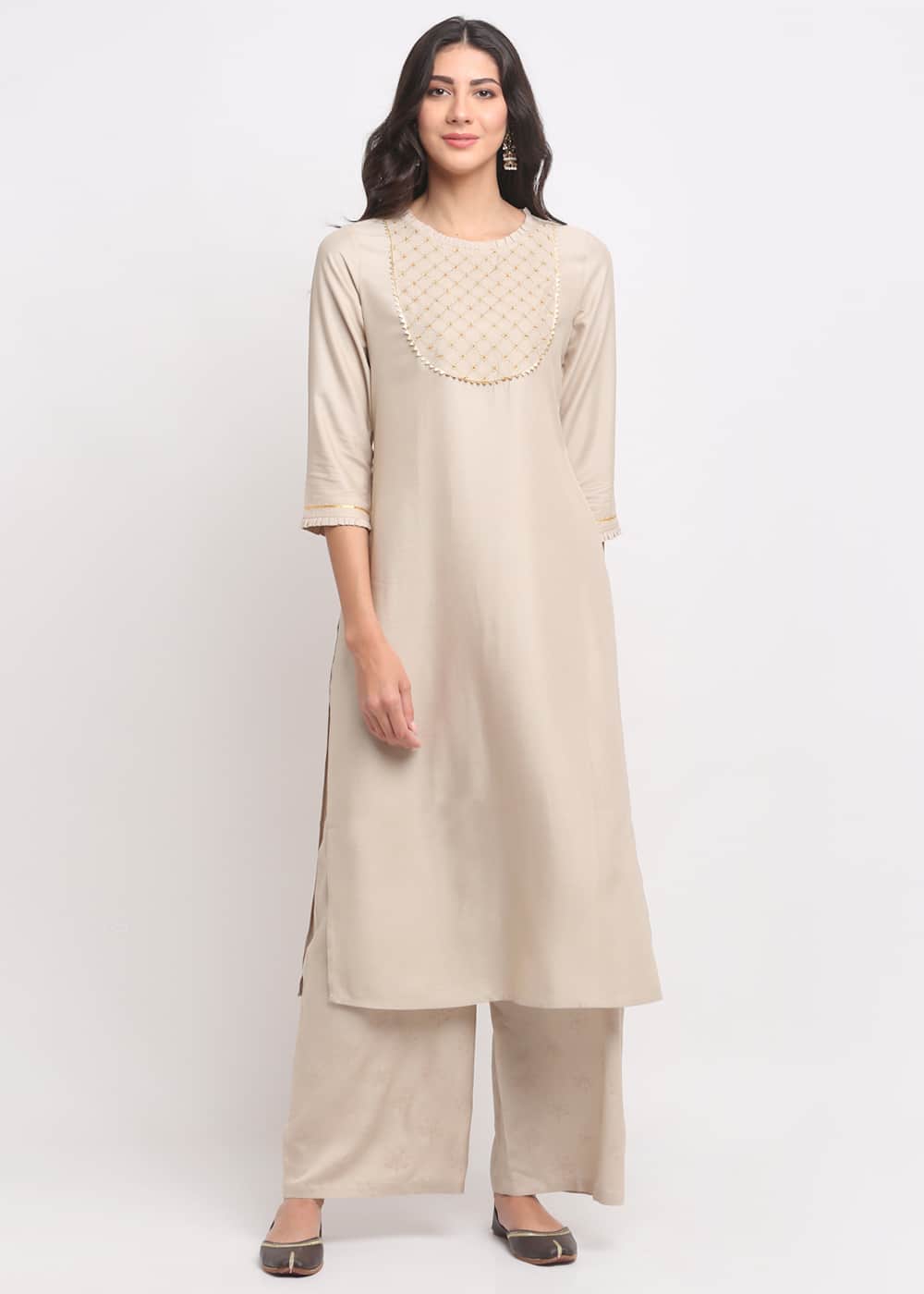 Grid Embroidered Yoke Kurti