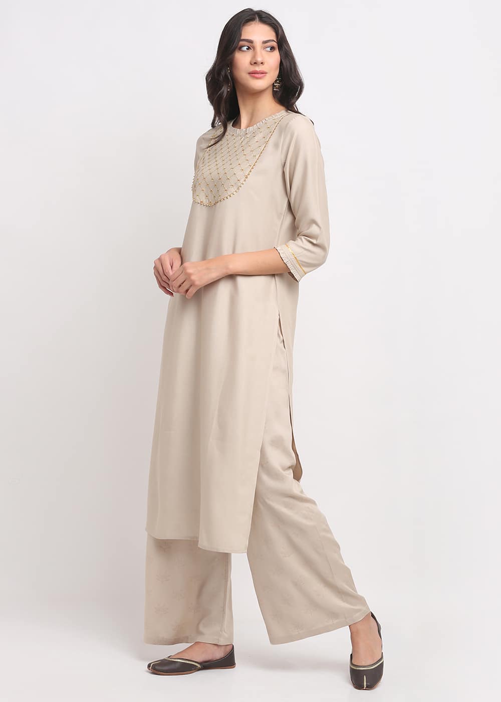 Grid Embroidered Yoke Kurti