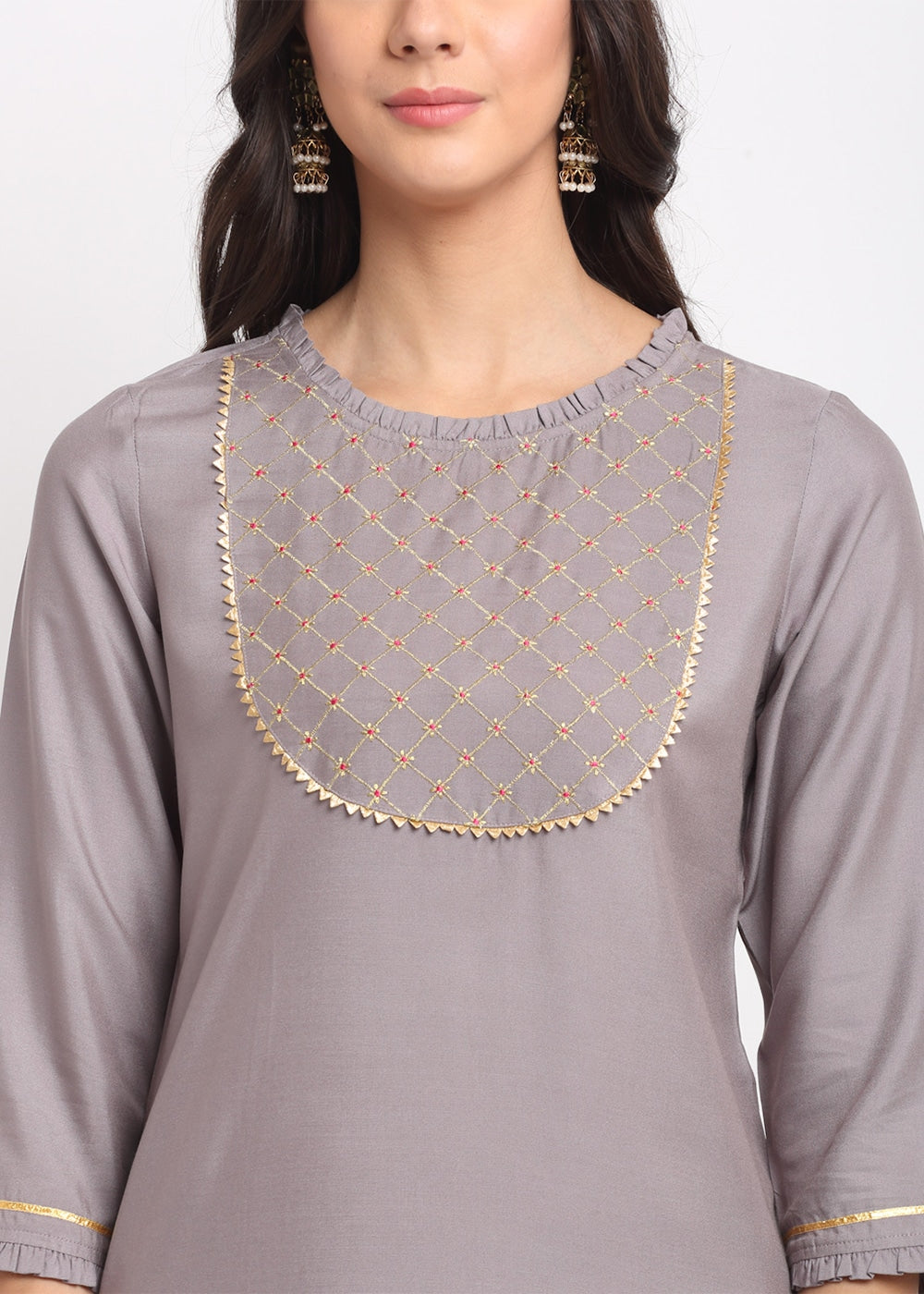 Grid Embroidered Yoke Kurti