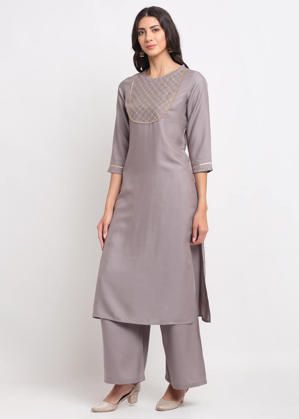 Grid Embroidered Yoke Kurti