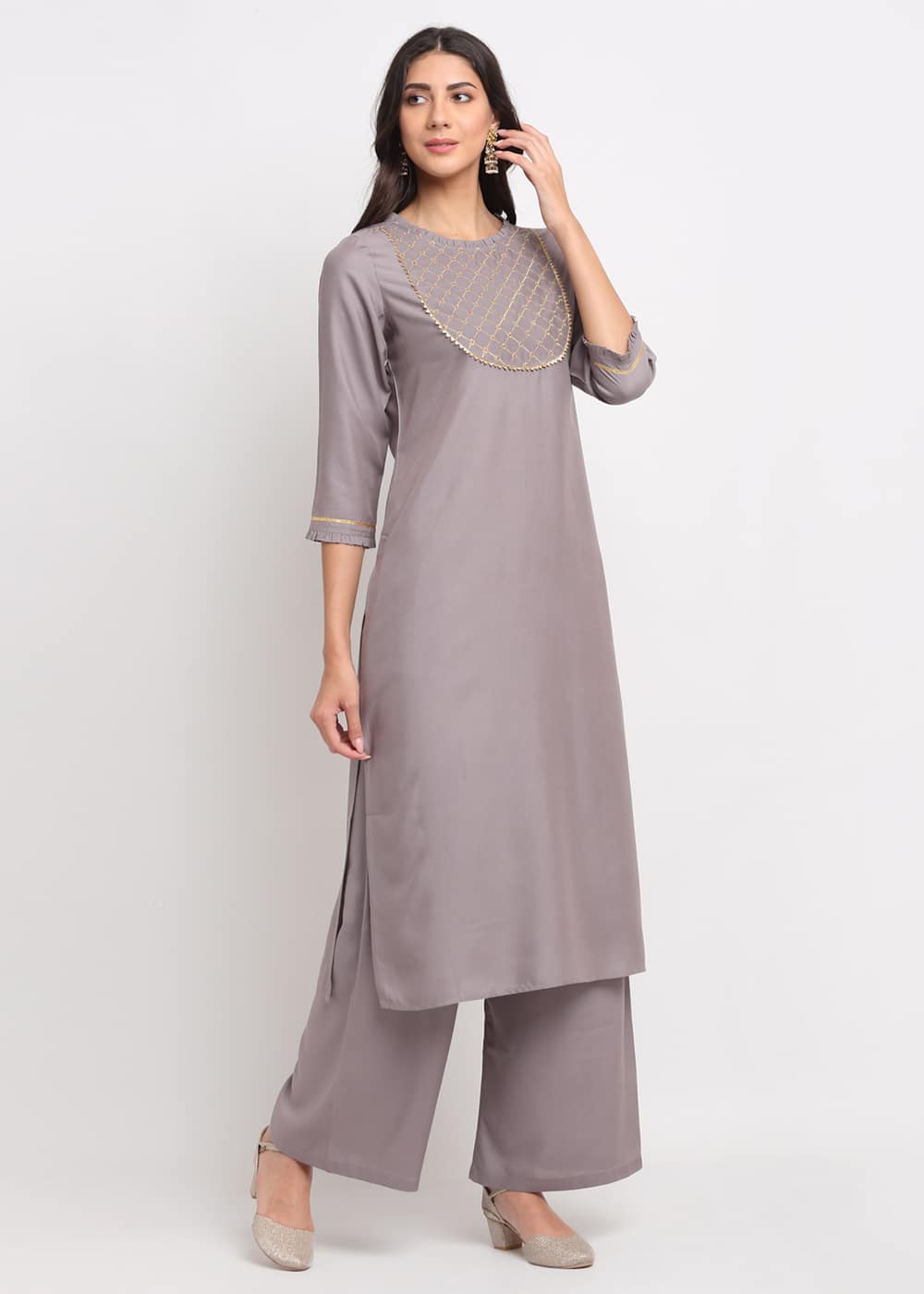 Grid Embroidered Yoke Kurti