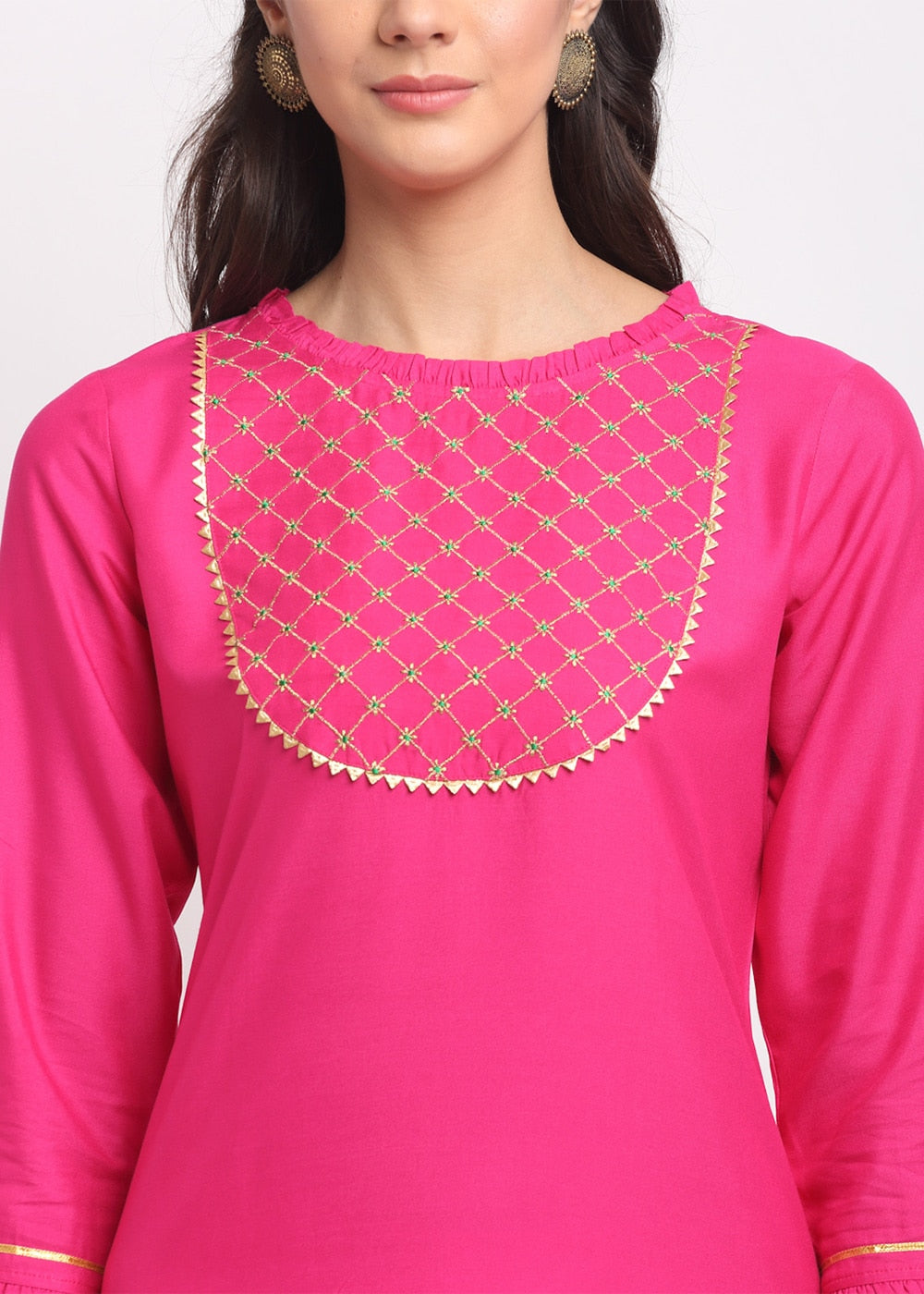 Grid Embroidered Yoke Kurti