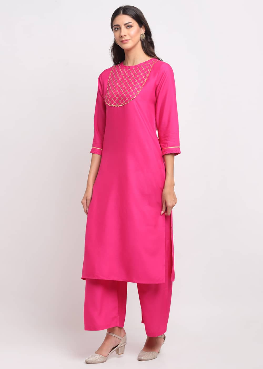 Grid Embroidered Yoke Kurti