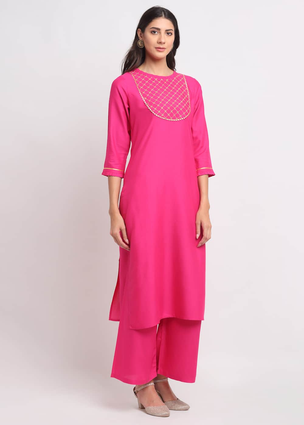 Grid Embroidered Yoke Kurti