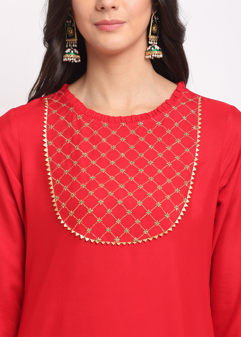 Grid Embroidered Yoke Kurti