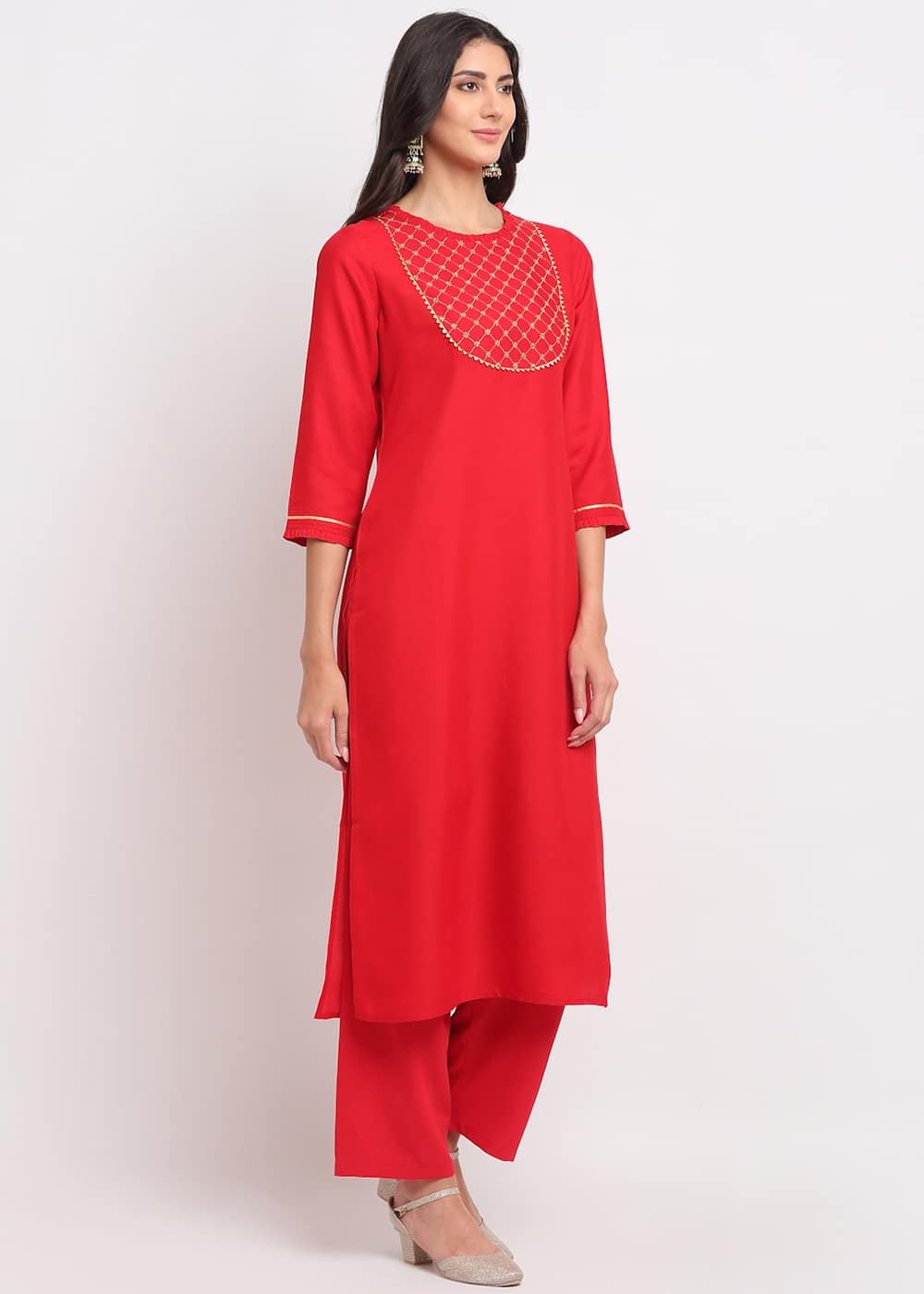 Grid Embroidered Yoke Kurti