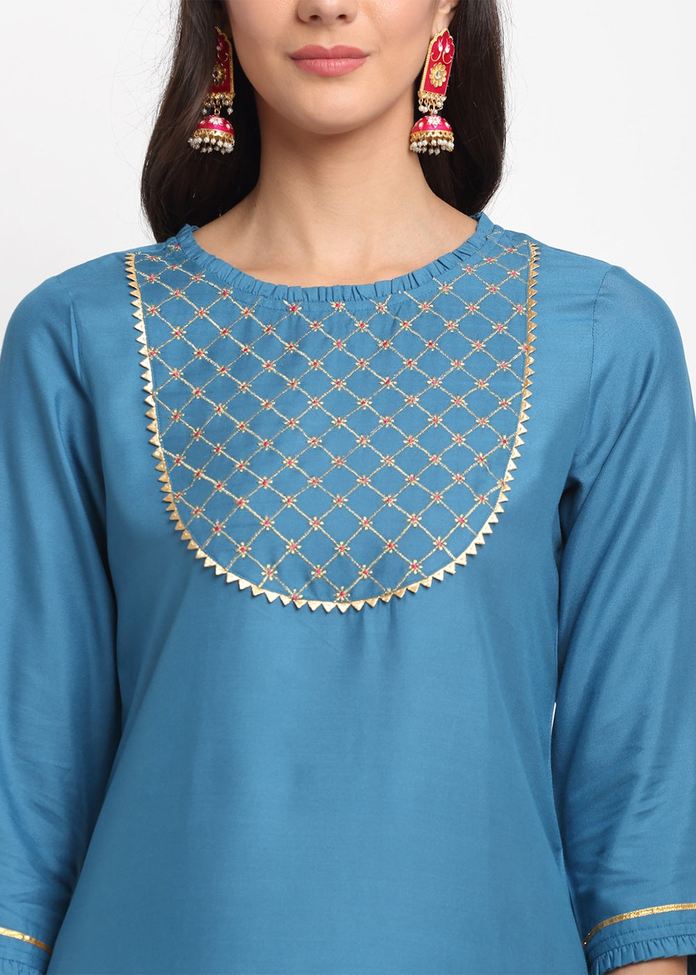 Grid Embroidered Yoke Kurti