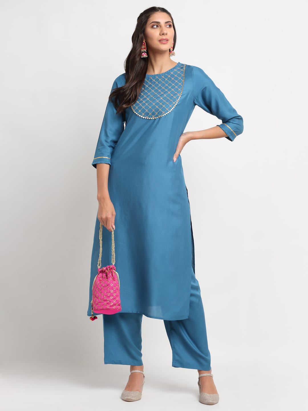 Grid Embroidered Yoke Kurti